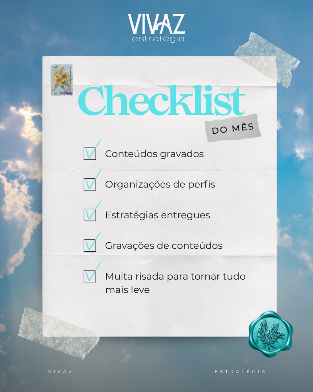 Post da Vivaz Estratégia com o checklist do mês: conteúdos gravados, perfis organizados e estratégias entregues